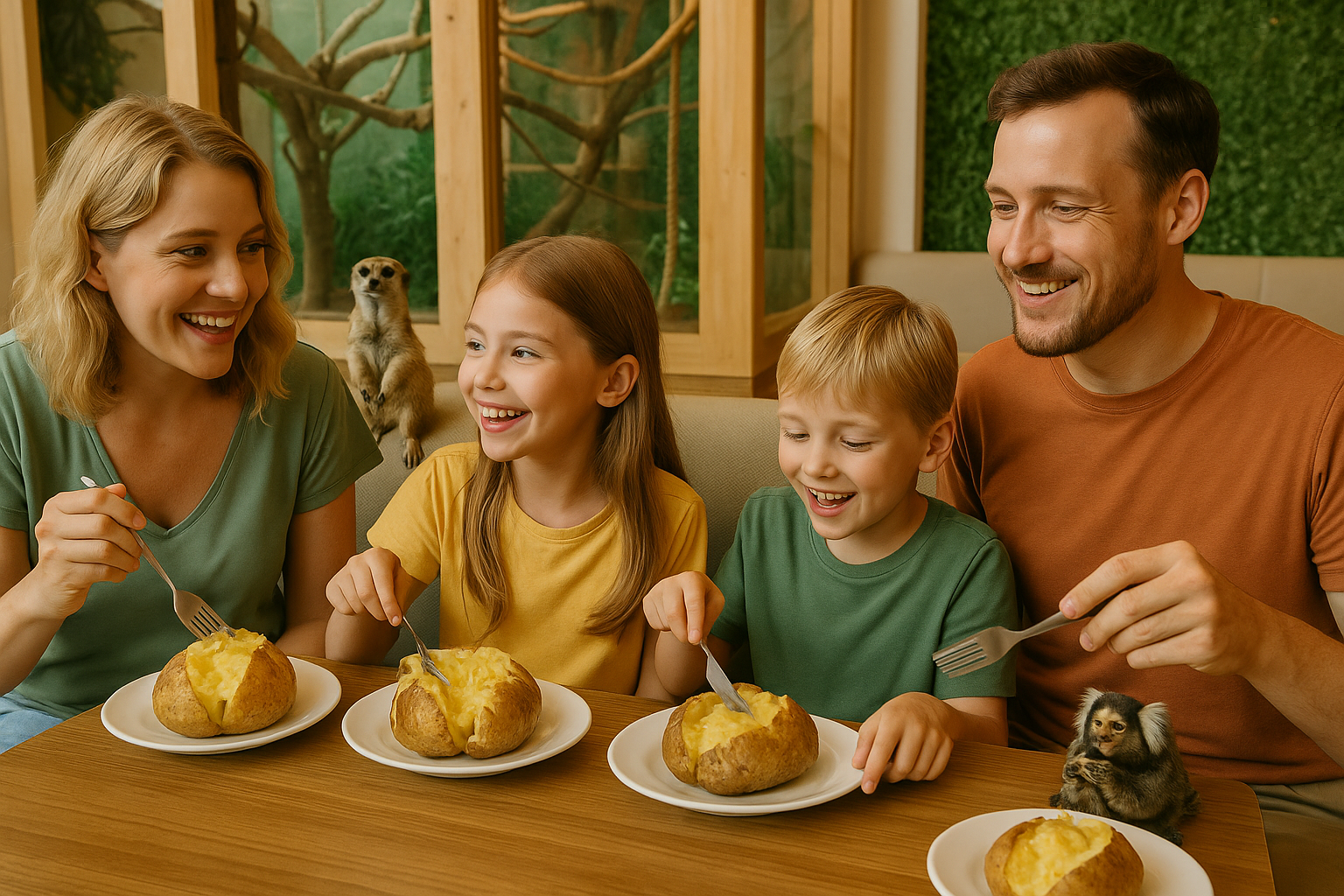 Family enjoying bespoke jacket potato meal at Beavers Animal Cafe