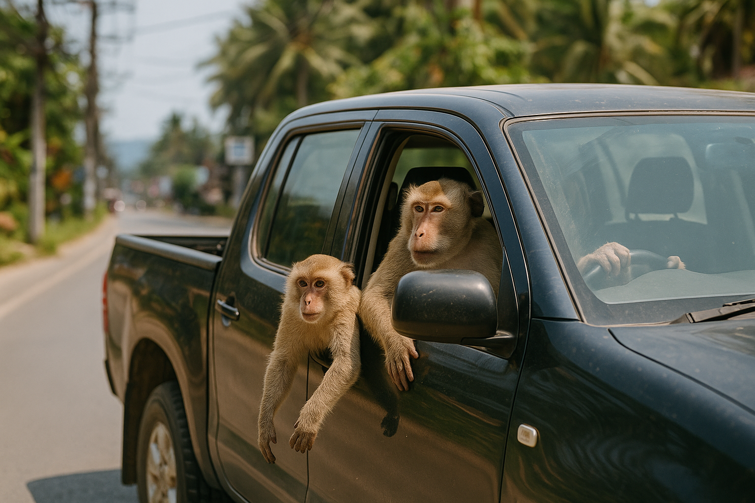 Family truck rental with monkeys group adventure at Beavers Animal Cafe Koh Samui