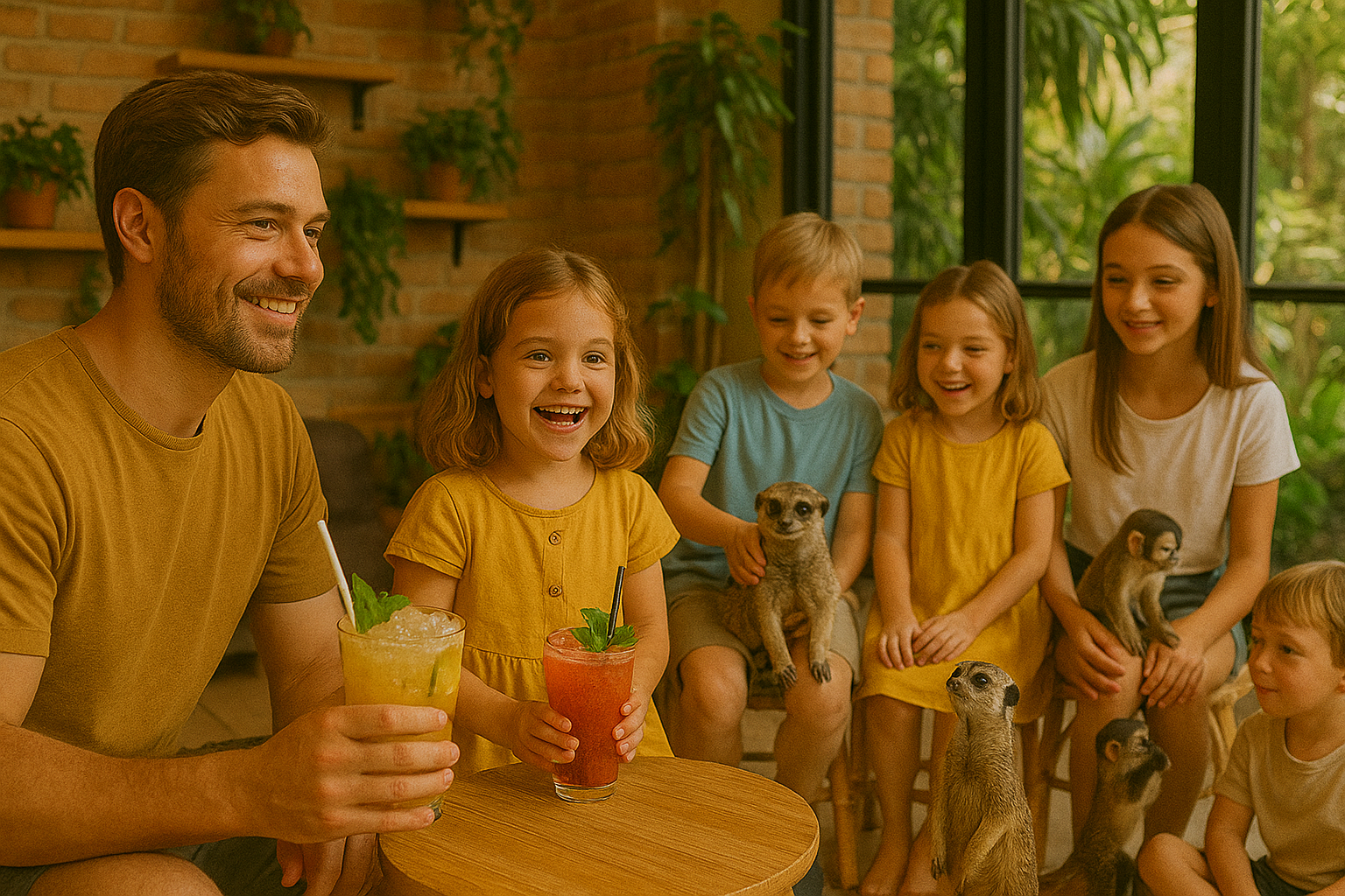 Family watching children play with animals